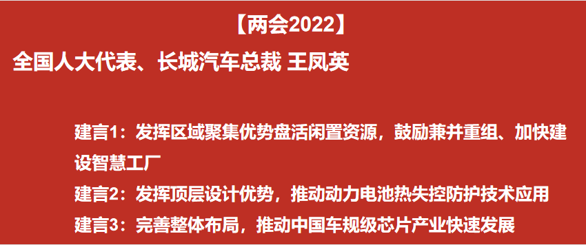 【两会2022】全国人大代表、长城汽车总裁王凤英：解决动力电池安全问题 推动中国车规级芯片产业快速发展