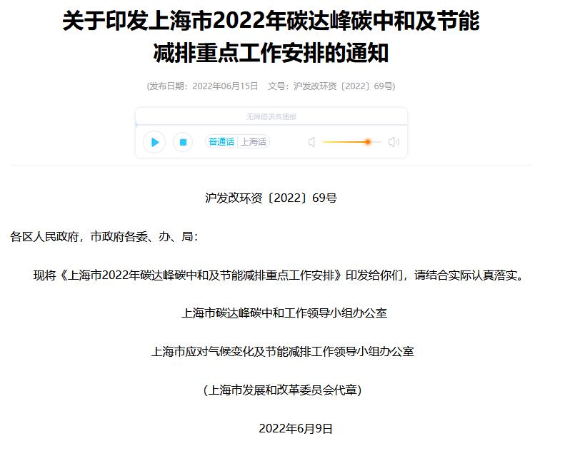 关于印发上海市2022年碳达峰碳中和及节能减排重点工作安排的通知  (发布日期：2022年06月15日 文号：沪发改环资〔2022〕69号)