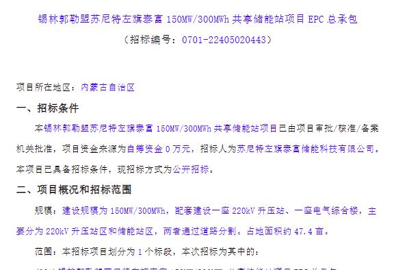 共300MW/600MWh！内蒙古两个共享储能站项目EPC招标