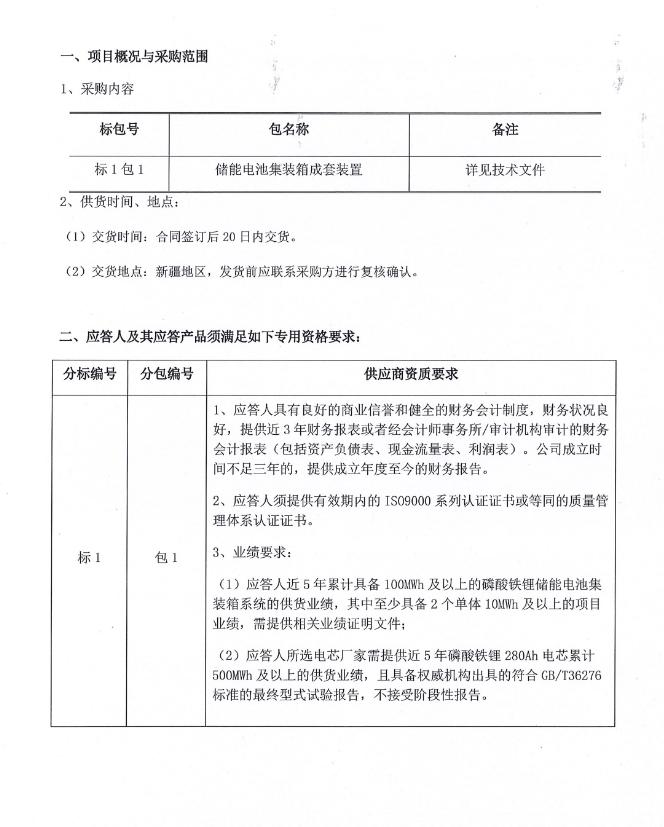 国网新疆综能储能电站经营租赁项目储能电池成套装置采购！