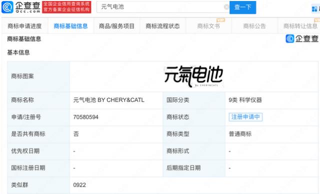 奇瑞汽车申请元气电池商标，或与“宁王”合作开发？
