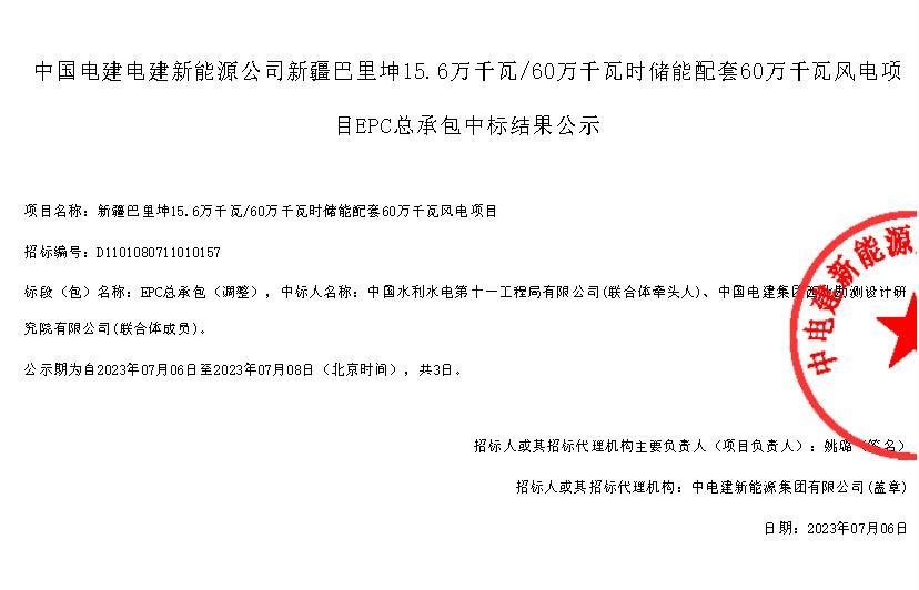 156000KW/600000KWh！中国电建风光配储EPC总承包中标公示