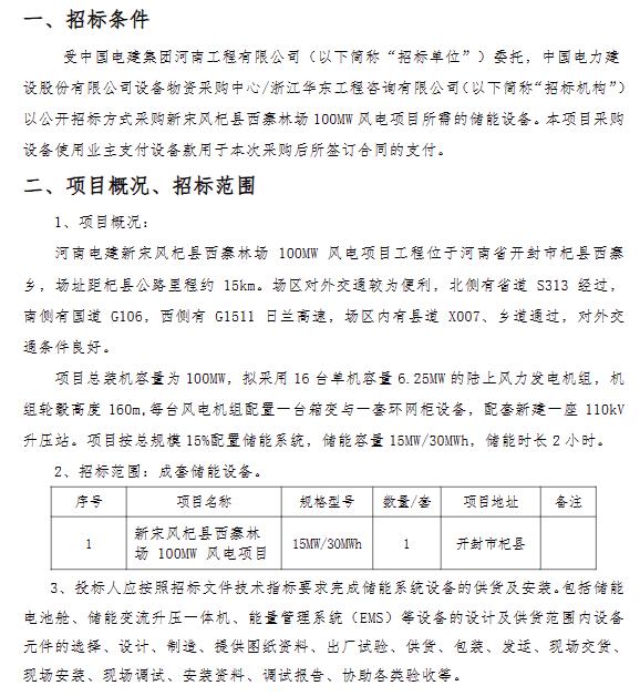 储能招标丨15MW/30MWh！中国电建河南100MW风电项目储能设备采购