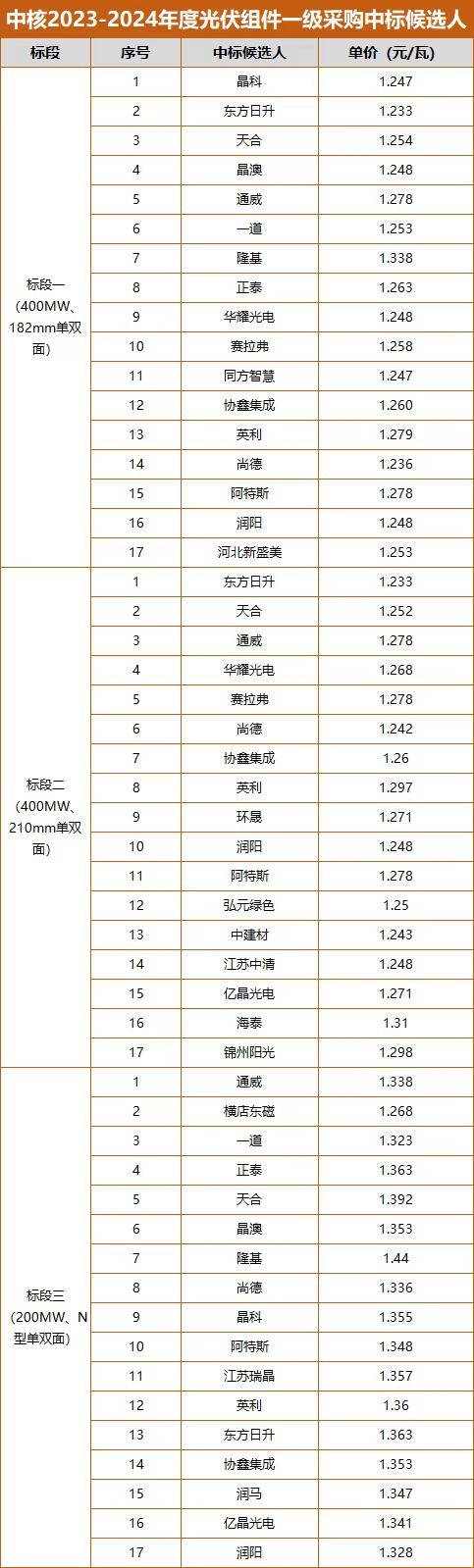 最低1.233元/瓦，中核集团1GW组件集采中标候选人揭晓