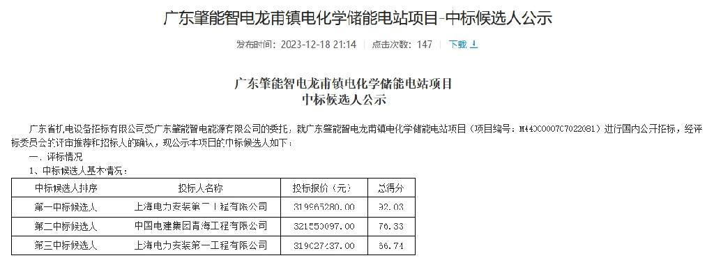 广东肇能智电龙甫镇电化学储能电站项目开标