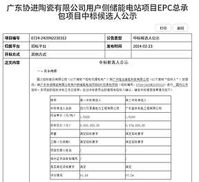 1.5元/Wh 广东3MW/6MWh用户侧储能电站项目EPC总承包项目开标 1.5元/Wh 广东3MW/6MWh用户侧储能电站项目EPC总承包项目开标