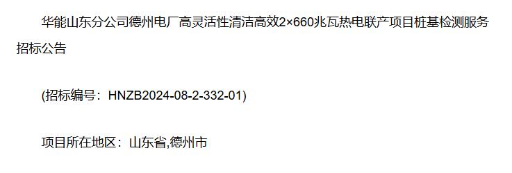 华能山东分公司德州电厂启动热电联产项目桩基检测服务招标