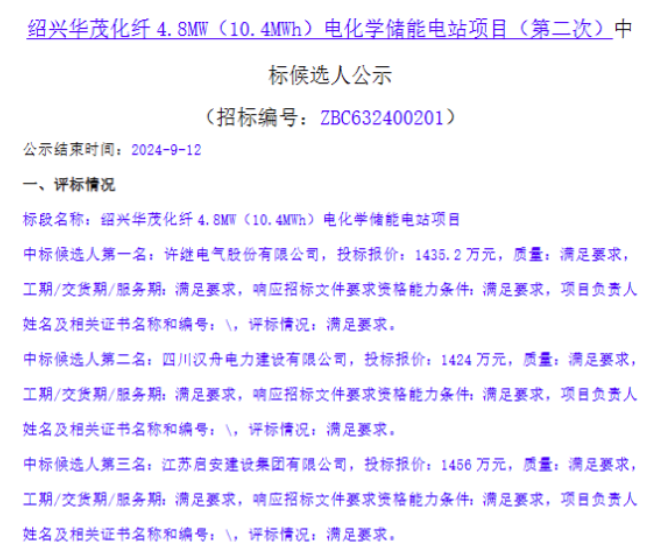 绍兴华茂化纤4.8MW（10.4MWh）电化学储能电站项目中标公示