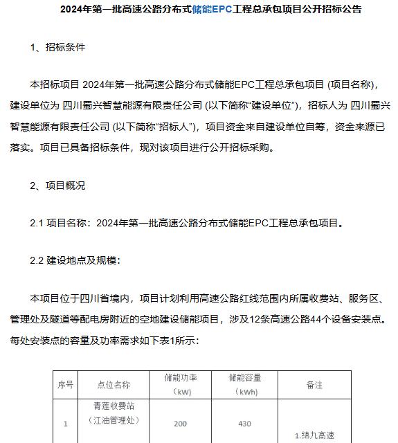 蜀道投资集团启动8000kW高速公路分布式储能EPC项目招标