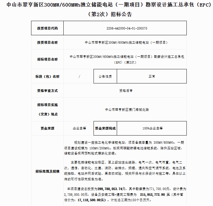 中山市翠亨新区启动300MW/600MWh独立储能电站EPC总承包项目第二次招标