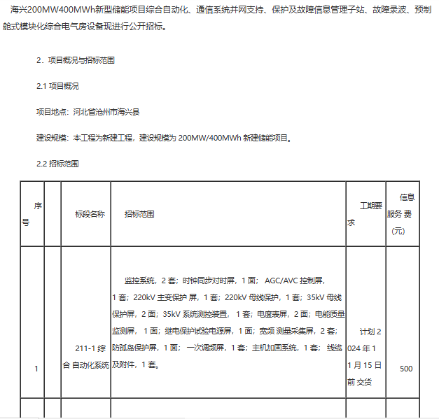 河北省海兴200MW/400MWh新型储能项目启动全面招标