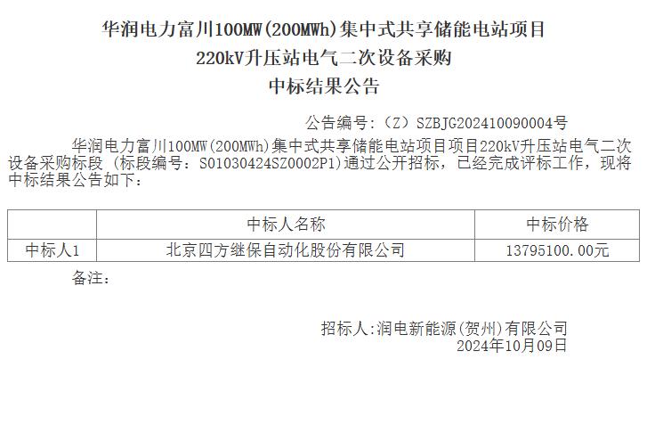 华润电力富川100MW集中式共享储能电站项目220kV升压站电气二次设备采购中标公告