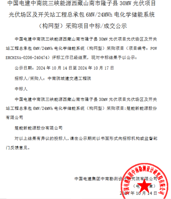 楚能新能源中标中国电建中南院西藏山南6MW/24MWh储能系统采购