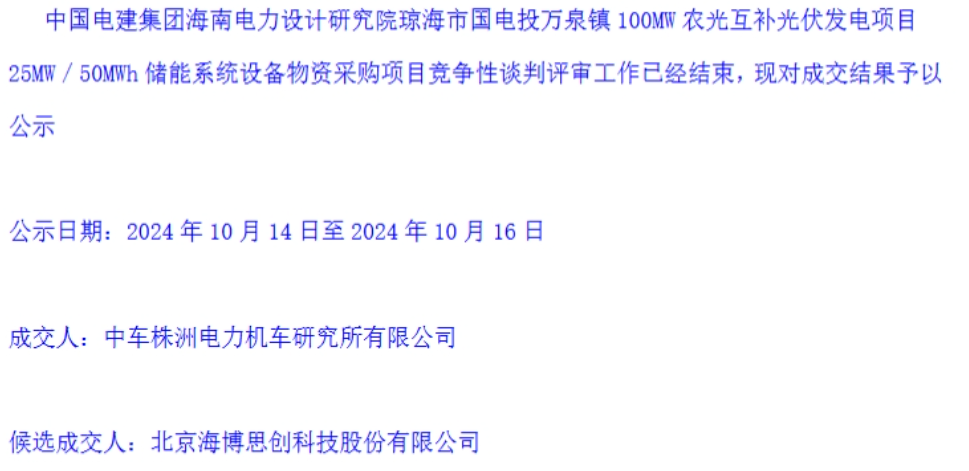 琼海市国电投万泉镇25MW/50MWh储能系统设备采购成交公示