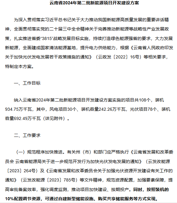 934.75MW！云南省发布2024年第二批新能源项目开发建设方案