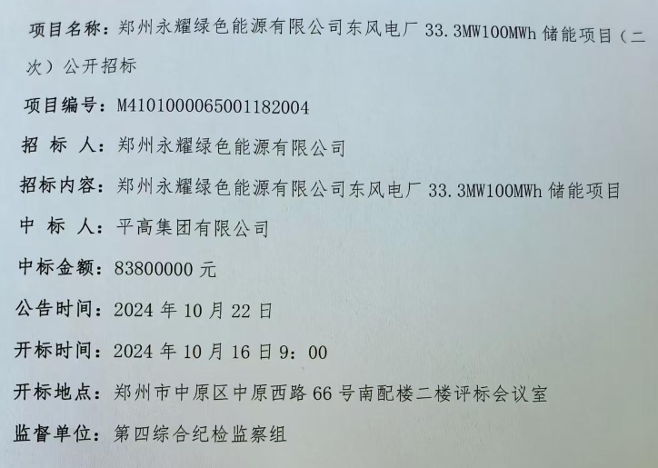 0.838元/Wh！平高集团预中标河南郑州东风电厂33.3MW/100MWh储能项目EPC